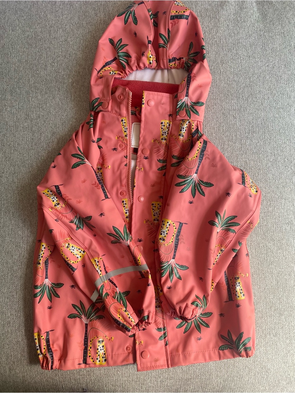 Kids Coral Pink Hooded Rain Jacket with Tropical Print